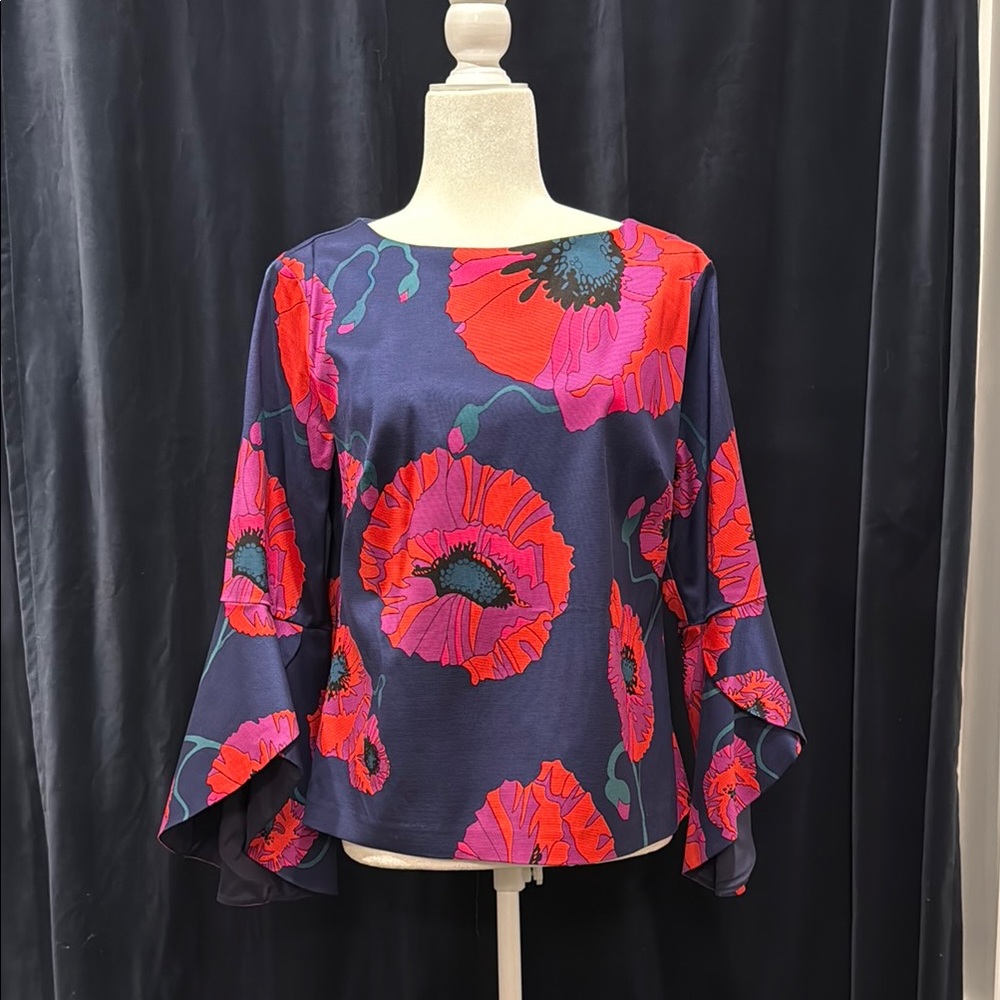 Trina Turk Red and Blue Blouse with Flutter Sleeves